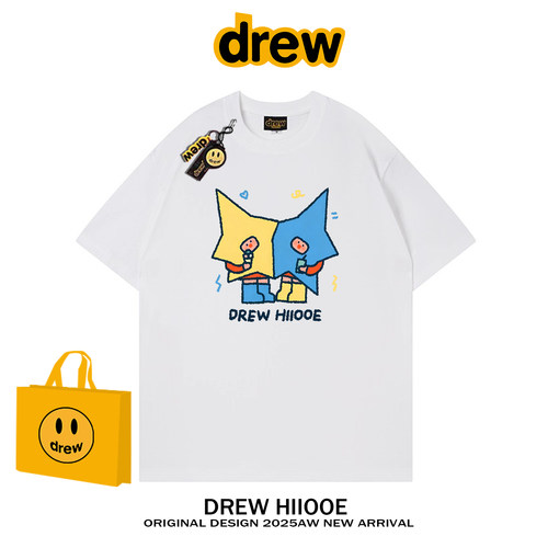 drew美式潮牌蜡笔涂鸦星星印花短袖T恤男女夏季宽松休闲情侣上衣