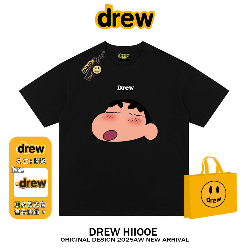 drew美式潮牌卡通蜡笔小新印花夏季纯棉短袖休闲宽松情侣百搭t恤