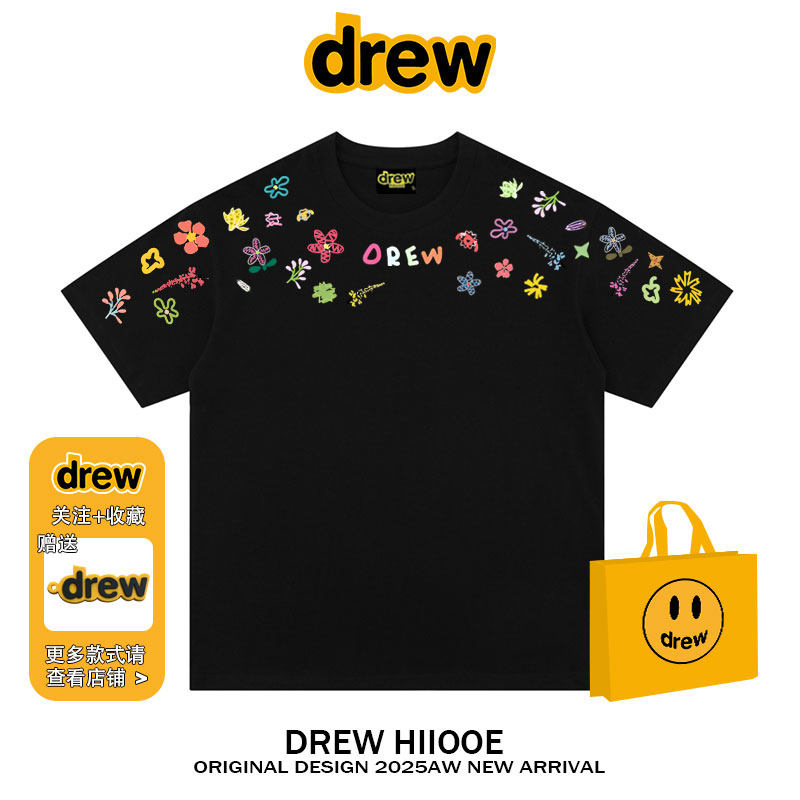 drew美式潮牌手绘涂鸦字母印花短袖t恤男女夏季休闲宽松情侣上衣