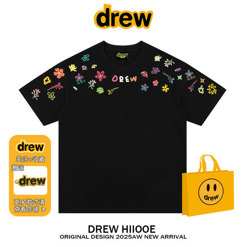 drew美式潮牌手绘涂鸦字母印花短袖t恤男女夏季休闲宽松情侣上衣