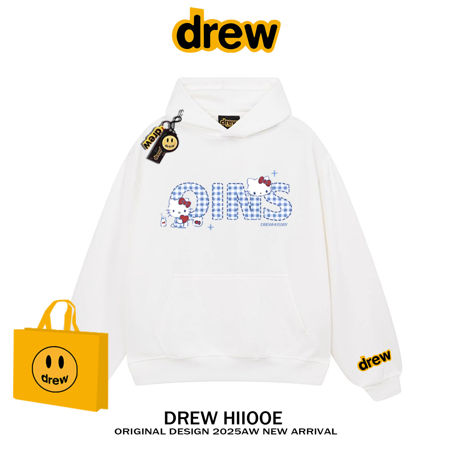 drew美式潮牌HelloKitty连帽加绒卫衣男女秋冬宽松情侣帽衫外套潮