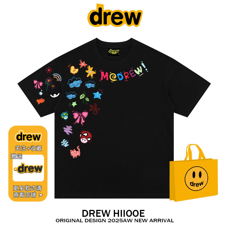 drew美式潮牌多巴胺涂鸦手绘印花短袖t恤男女纯棉高街宽松情侣装