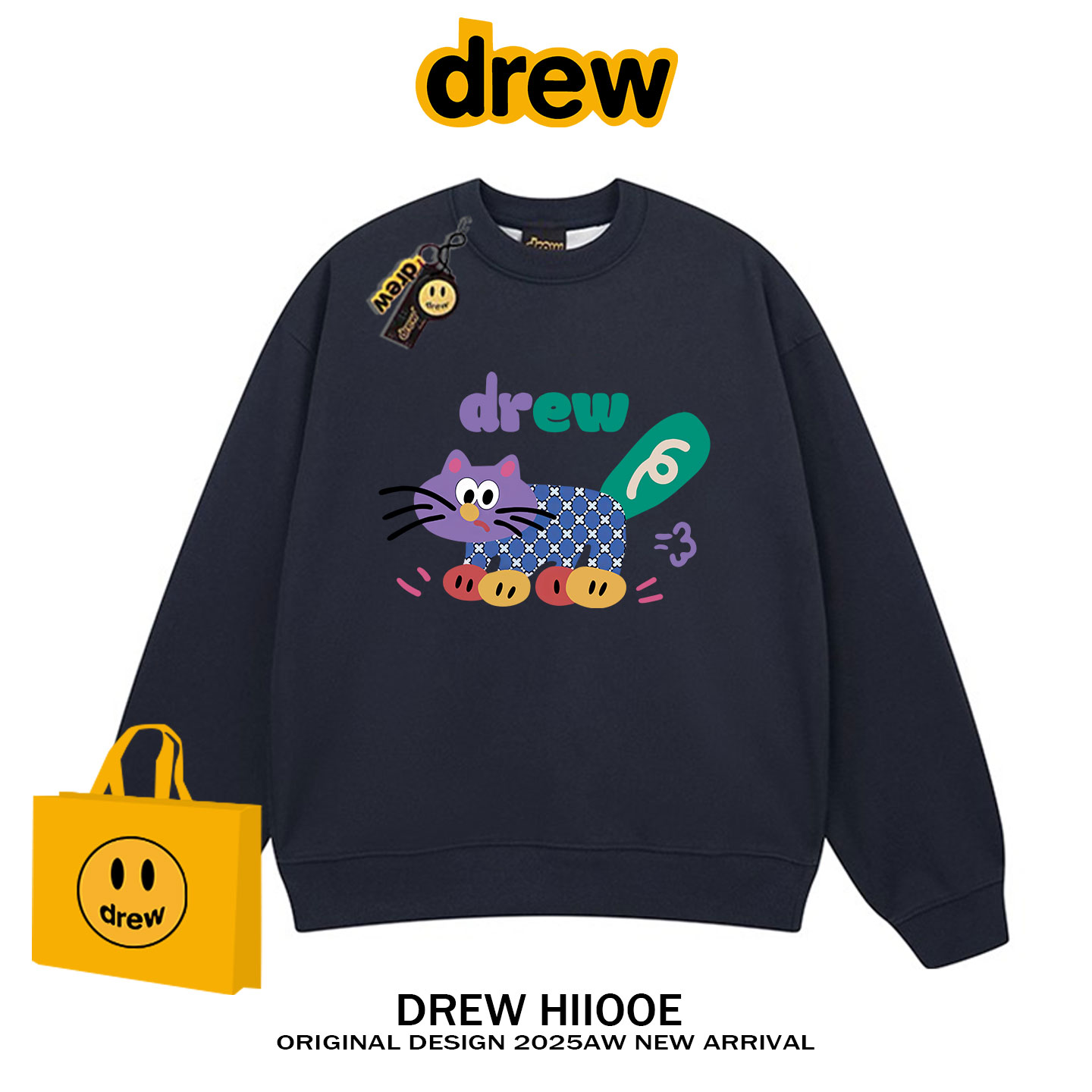 drew美式潮牌趣味机器猫咪印花圆领卫衣男女秋冬宽松百搭情侣上衣