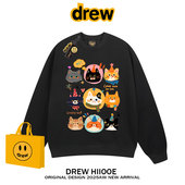 drew美式 潮牌卡通趣味猫咪印花圆领卫衣男女秋冬宽松百搭情侣上衣