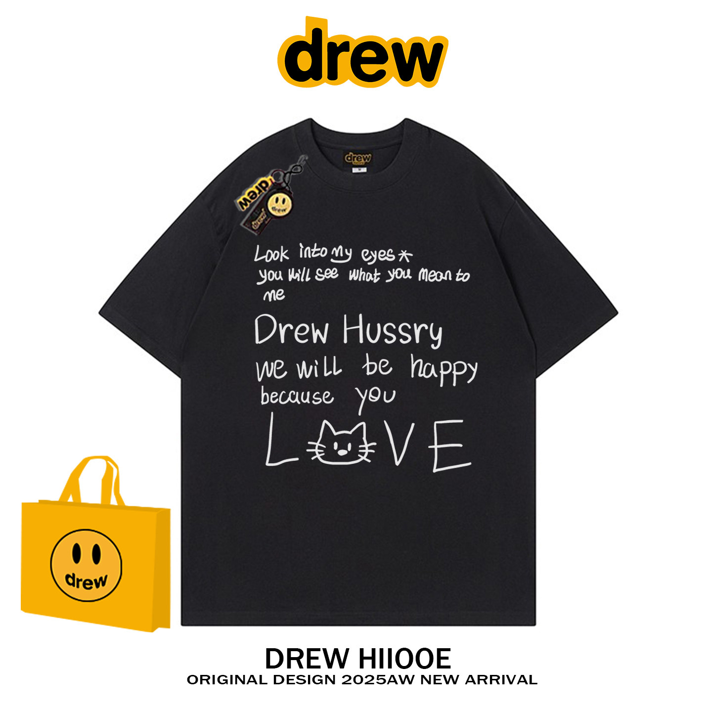 drew美式潮牌卡通趣味英文小猫短袖t恤男女夏季休闲宽松情侣上衣