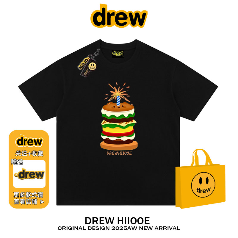 drew美式潮牌明星同款芝士蛋糕印花纯棉短袖T恤宽松情侣打底衫ins