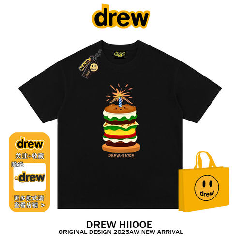 drew美式潮牌明星同款芝士蛋糕印花纯棉短袖T恤宽松情侣打底衫ins