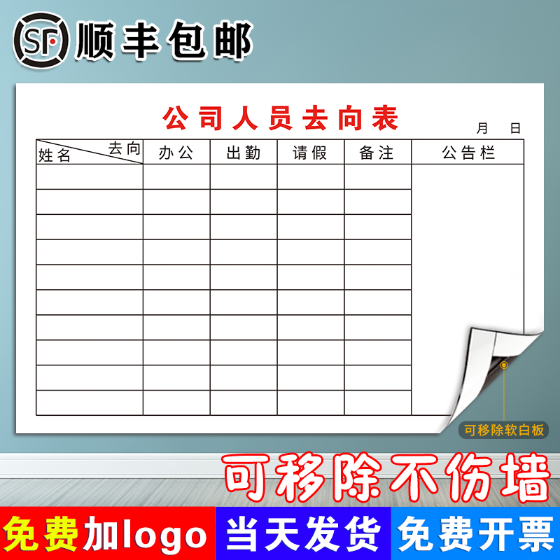 公司人员去向表 定做磁性软白板内容白板可擦墙贴公告栏UV印刷生产车间板展板目标板业绩榜管理板