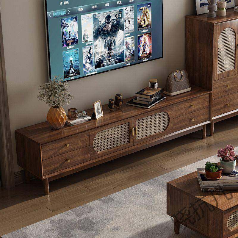 xkf5Baymak复古电视柜客厅家用新款藤编影视柜落地组合茶几收纳柜