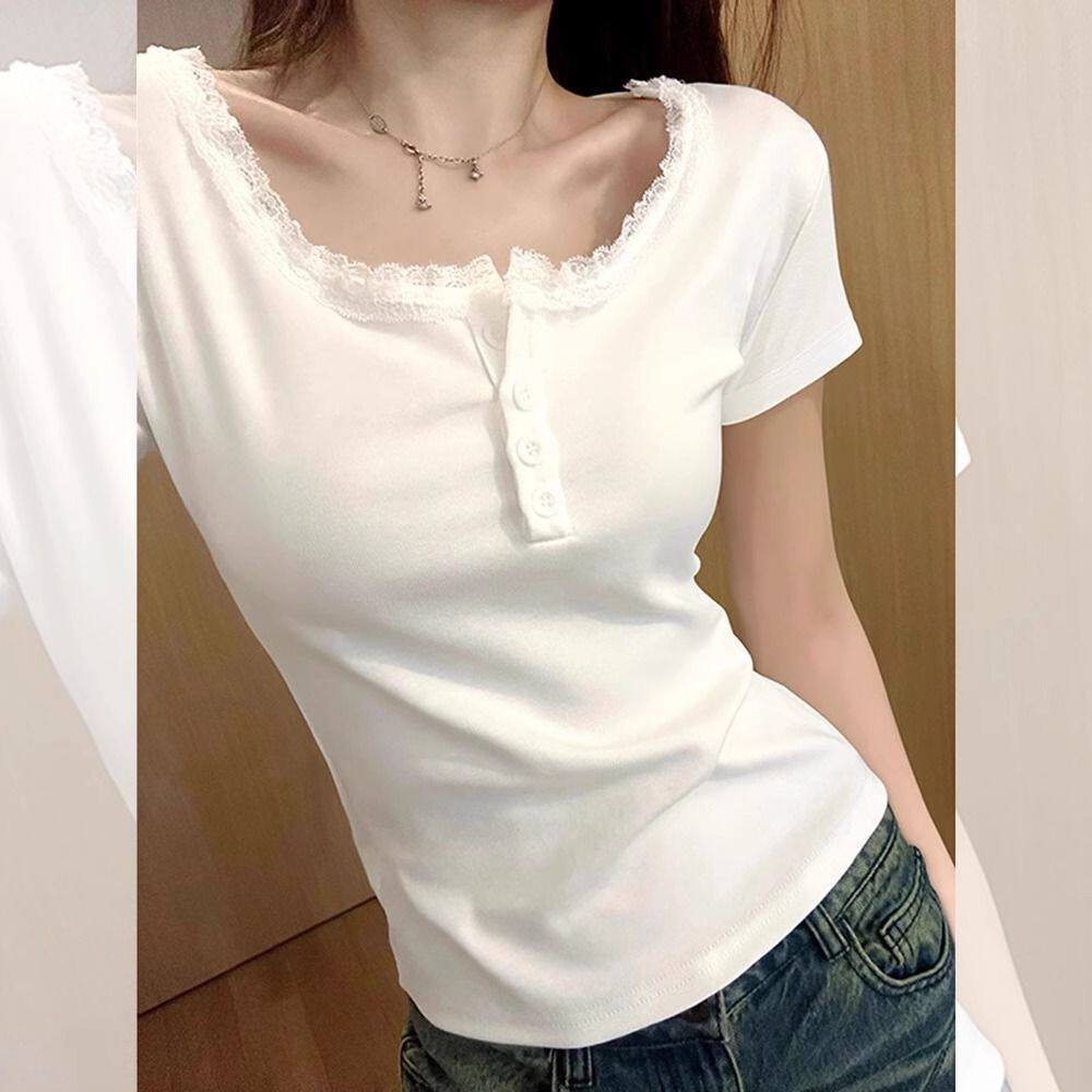 蕾丝领纽扣半开领短袖t恤女夏季新款纯欲风修身显瘦短款白色上衣