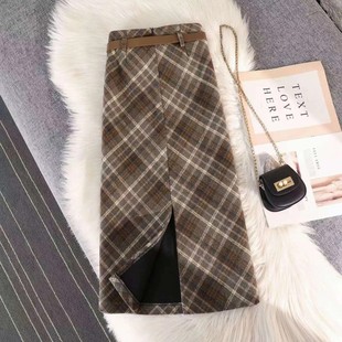 半身裙秋冬开叉显瘦字裙高腰中长款 格子2025毛呢新款 送腰带