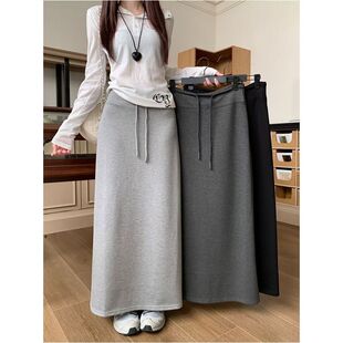 秋冬垂感半身裙女高腰显瘦慵懒A字裙 韩系温柔抽绳半身裙 热卖