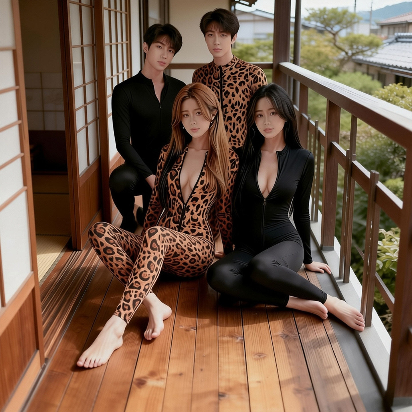 男女可穿双拉链豹纹性感塑身衣高弹力紧身长袖连身黑色薄款连体衣