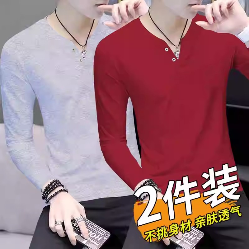 男春秋款潮流男装废土风长袖t恤修身型潮男纽扣纯色上衣时尚百搭