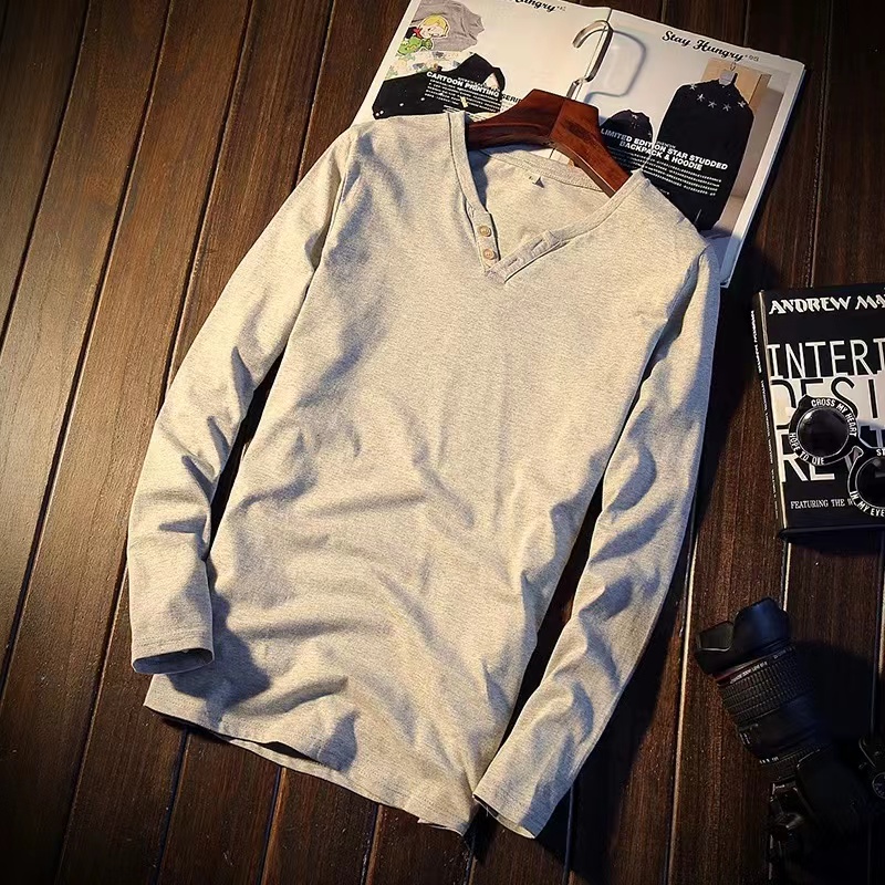 t恤潮男休闲简约时尚百搭潮男修身型纽扣纯色上衣薄款春秋款长袖