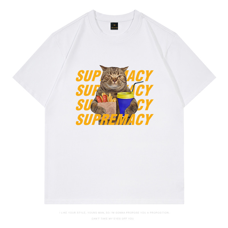可爱薯条猫短袖T恤纯棉夏季潮流简约印花宽松卡通情侣上衣潮牌tee