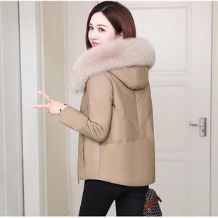 冬新款PU皮羽绒棉服女短款仿狐狸毛领连帽海宁修身小皮衣大码外套