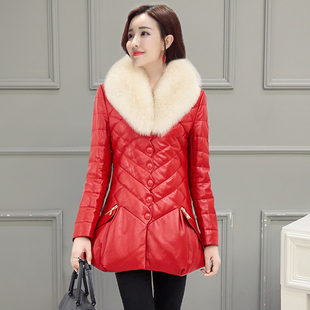 韩版 羽绒棉服棉衣加厚修身 皮棉袄秋冬 海宁PU皮衣外套女中长款 反季