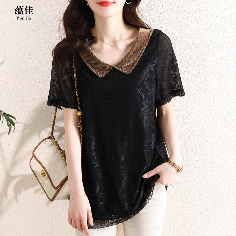 蕴佳短袖t恤大码女装夏2025新款中长款蕾丝小衫宽松娃娃领上衣服