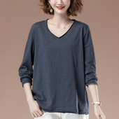 春秋装 V领竹节棉T恤薄款 大码 胖mm打底衫 洋气上衣 女装 2025年新款