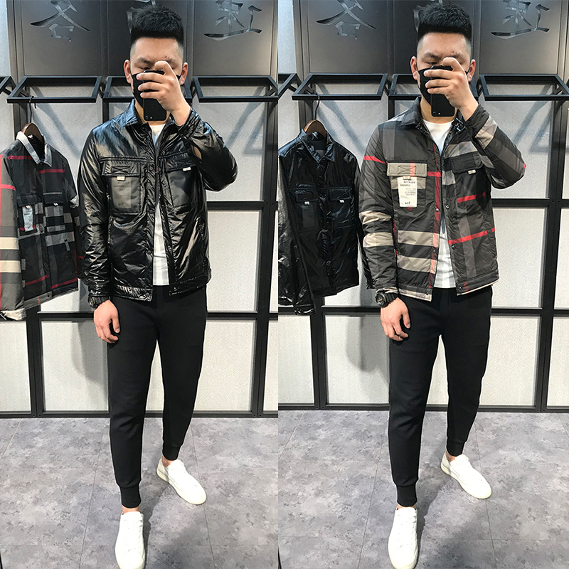 2019春季新款男士薄款棉衣翻领两面穿棉服外套亮面潮流格子上衣潮