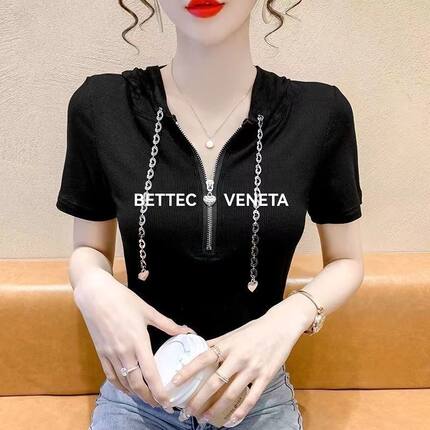 夏天连帽短袖T恤女爱心链条夏季新款法式设计感小众拉链修身上衣