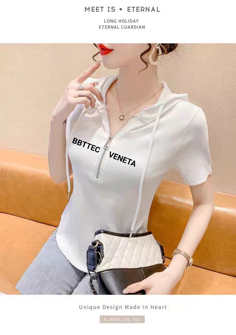 短袖t恤女白色印花夏季新款修身连帽体恤正肩不规则短款辣妹上衣