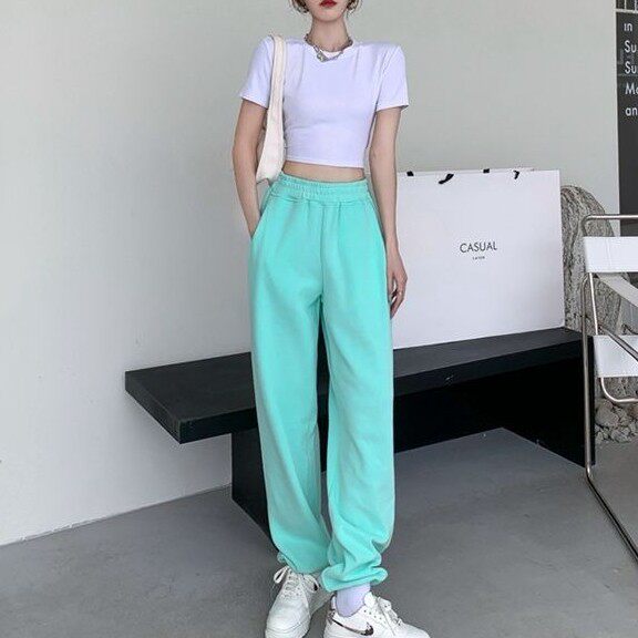 运动卫裤女春新款薄款休闲阔腿裤子高腰蓝色显瘦宽松直筒束脚长裤