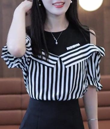 t恤上衣露肩条纹衬衫短袖夏季2024年新款设计感小众女士装假两件