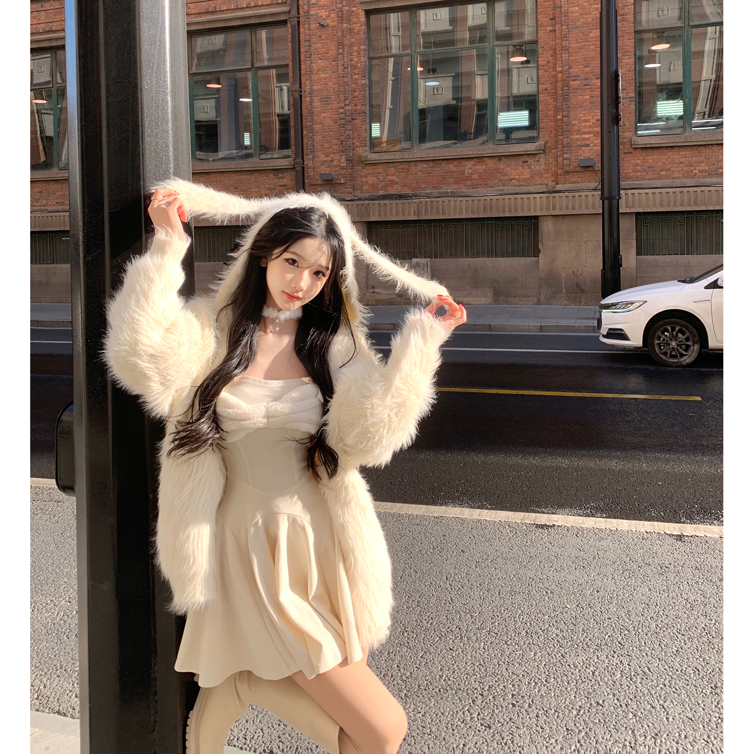 JMSHOP 纯欲雪宝 圣诞拼接蝴蝶结挂脖连衣裙女仿貂兔子毛衣外套