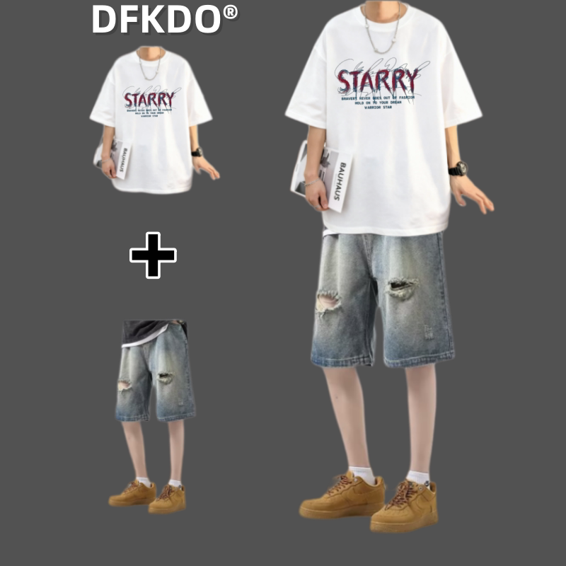 港风夏季印花短袖T恤男青少年帅气套装牛仔短裤两件套潮流搭配