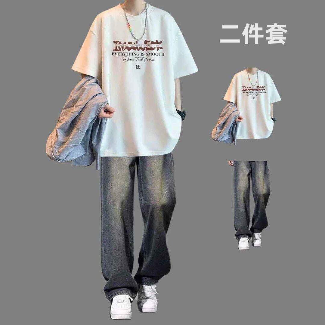 夏季印花短袖套装男宽松休闲t恤一套搭配牛仔裤青少年潮流两件套