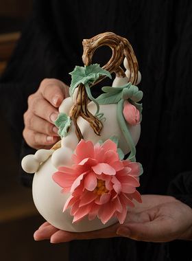 新中式手工陶瓷牡丹葫芦摆件｜