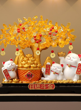 日进斗金发财树搭配招财猫新中式