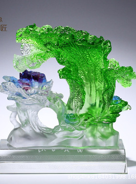 琉璃百财大白菜水晶牡丹摆件招财
