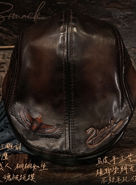 真马皮贝雷鸭舌帽男美式复古手工茶芯皮皮雕印第安鹰油染雅痞帅潮