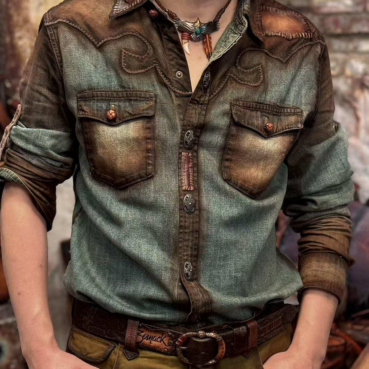 老钱风高级感男西部牛仔衬衫长袖手工女刺绣短袖美式复古废土港风