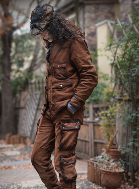 美式复古皮裤皮衣套装伐木农场主工装男猎装多口袋山羊皮手工男女