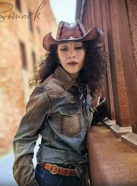 废土风男牛仔高级感衬衫长短袖手工女刺绣真皮纽扣机械师复古雅痞
