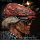 真马皮贝雷鸭舌帽男复古大檐大头机械师雅痞手工皮雕显脸小卡车帽