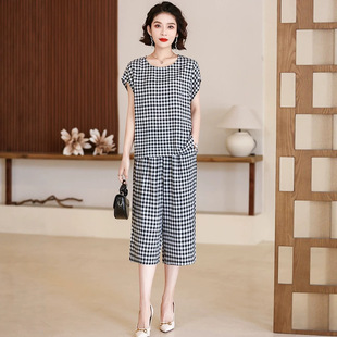 老年人夏装女奶奶睡衣纯棉绸套装老太太格子短袖妈妈居家服两件套