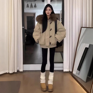 羽绒棉服女大毛领派克服2025冬季新款加厚棉衣复古牛角扣棉袄外套