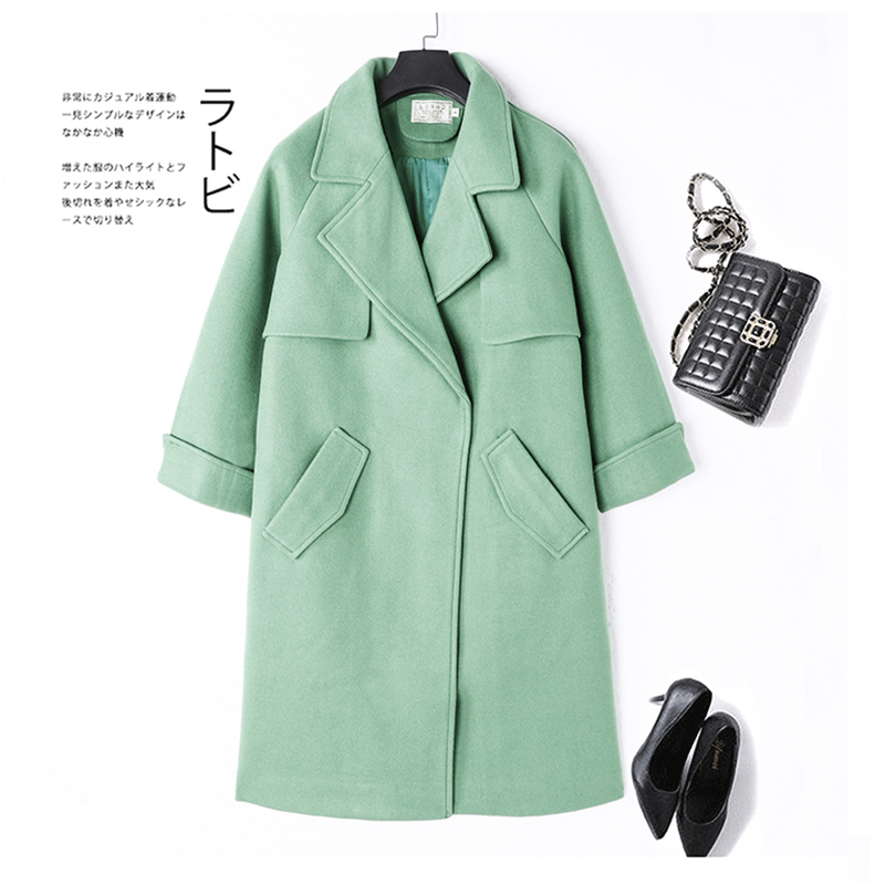 蝶兰弋毛呢外套女2020新款秋东季绿色呢子大衣女装中长款宽松洋气