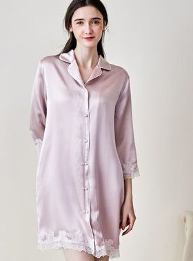 法式蕾丝浪漫春夏季新款真丝睡衣女士衬衫连衣裙100桑蚕丝家居服