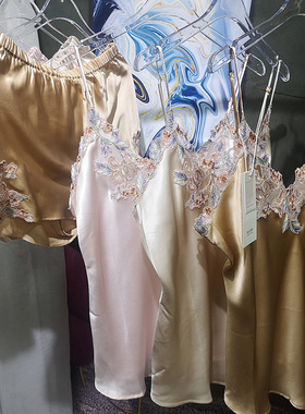 春夏新品 重磅LP真丝睡衣女套装吊带短裤水溶花居家服背心打底衫
