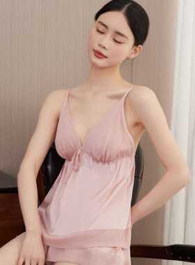 SILK法式性感夏新款真丝睡衣女吊带短裤粉色100桑蚕丝家居服套装