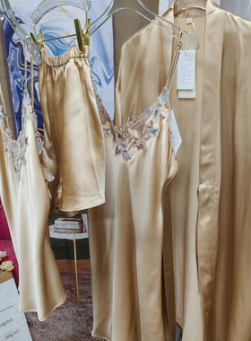 金驼色2023年新款LP重磅真丝睡衣00桑蚕丝睡袍吊带蕾丝晨浴袍套装