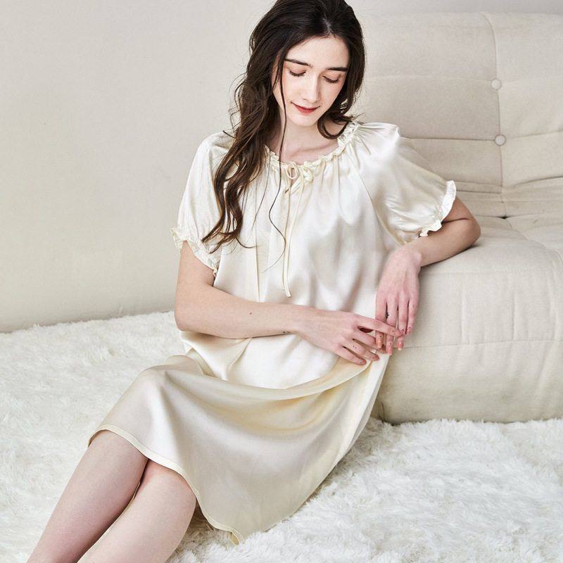 杭州丝绸100%桑蚕丝纯色夏季新款女士长款连衣裙真丝睡裙宽松大码