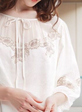 宅家品质好货新品法式浪漫真丝睡衣女夏季套头圆领套装系带家居服