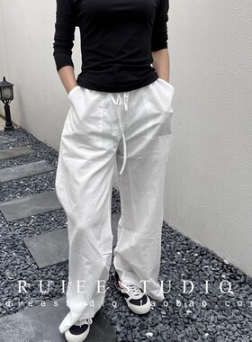 松弛老钱风白色薄款亚麻抽绳防晒工装裤直筒阔腿裤女
